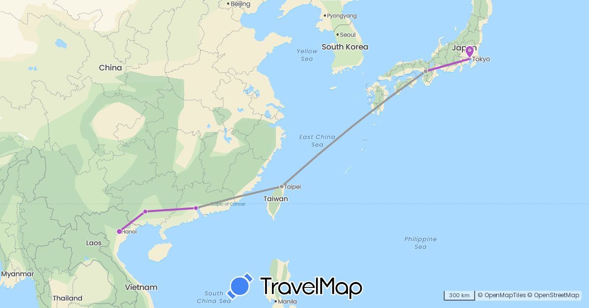 TravelMap itinerary: driving, plane, train in China, Japan, Taiwan, Vietnam (Asia)